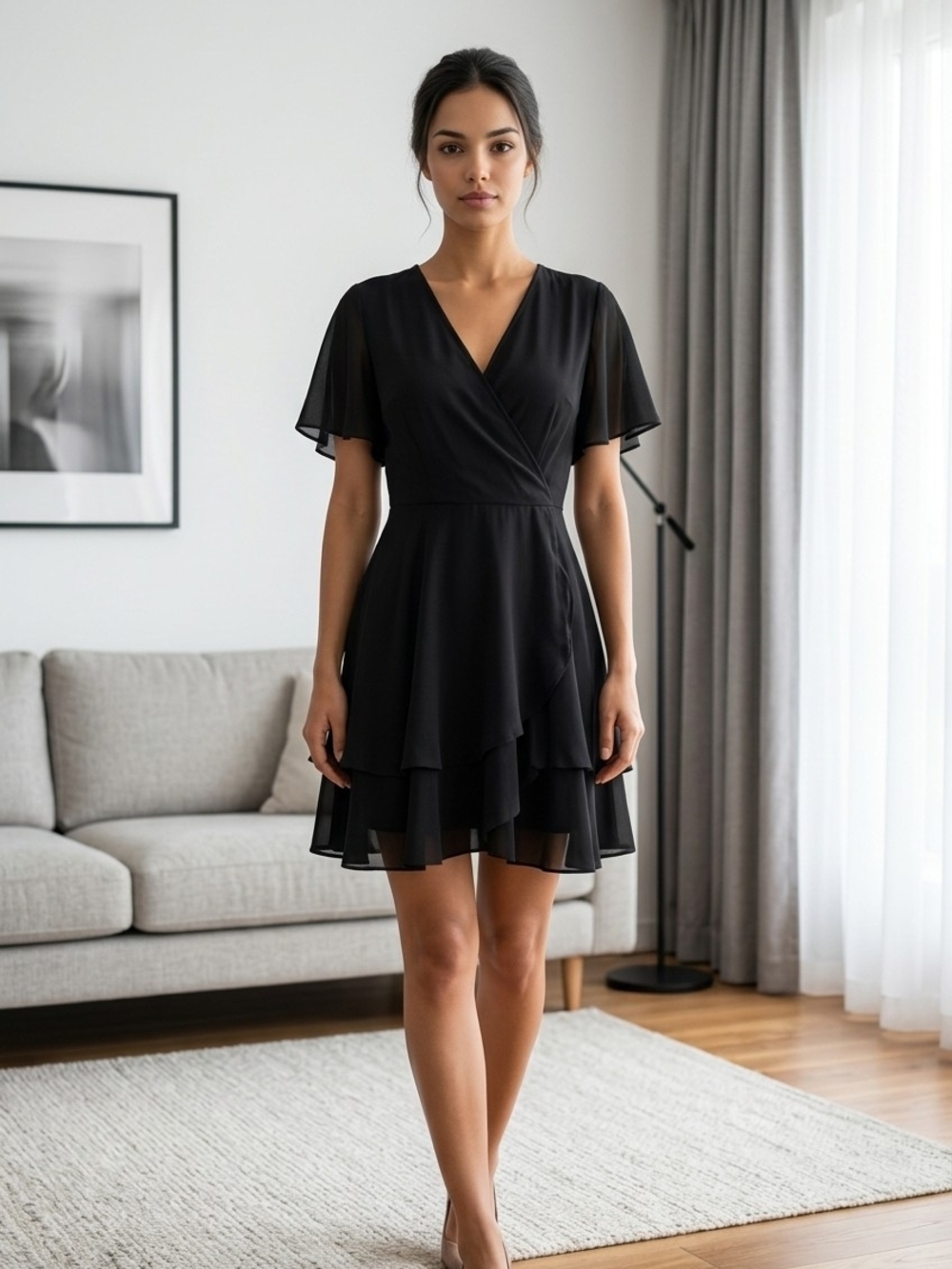 Black V-Neck Layered Chiffon Dress